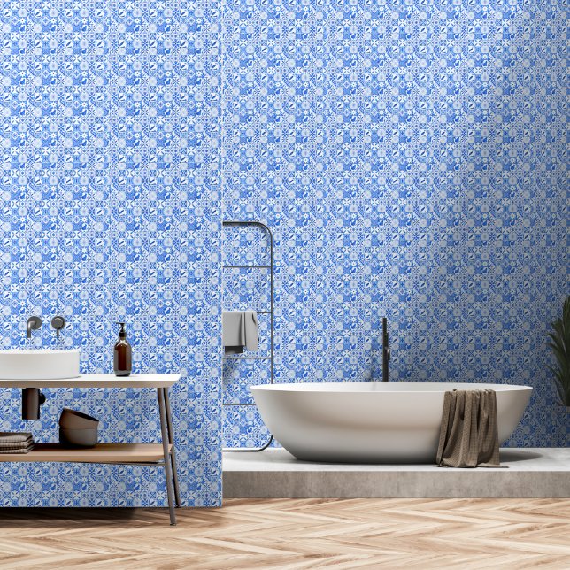 Amalfi Coast | Mediterranean Blue Spanish Tile Wallpaper (Bathroom)