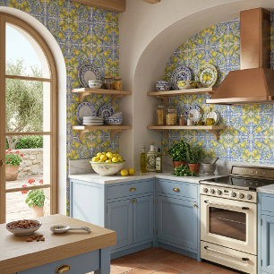 Amalfi Coast Mediterranean Blue Tile Lemon Pattern Wallpaper