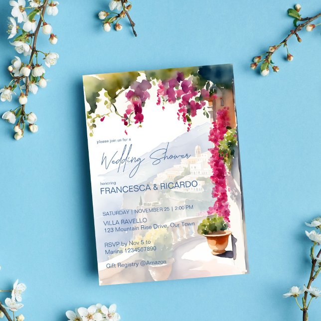 Amalfi coast Mediterranean Italian wedding shower Invitation (Amalfi coast Mediterranean Italian wedding shower Invitation template digital download bougainvillea)