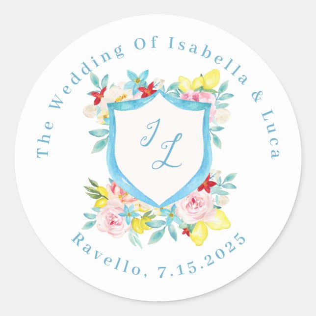 Amalfi Coast Mediterranean Monogram Crest Wedding Classic Round Sticker (Front)