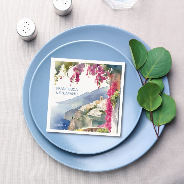 Amalfi coast Mediterranean monogram printed Napkin (Amalfi coast Mediterranean themed bridal shower wedding monogram printed Napkins)