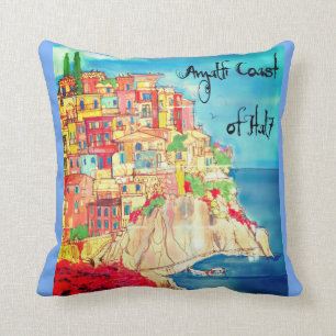 Amalfi Coast of Italy Watercolor Mediterranean Throw Pillow