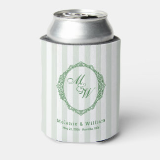 Amalfi Coast Sage Stripe Monogram Wedding Can Cooler