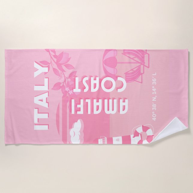 Amalfi Coast, Travel Art, Pink Beach Towel (Front)