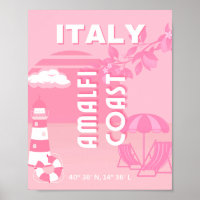 Amalfi Coast, Travel Art, Pink