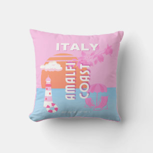 Amalfi Coast Travel Art, Preppy Travel, Pink Throw Pillow