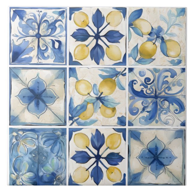 Amalfi Coast Watercolor Mediterranean Lemon  Tile (Front)