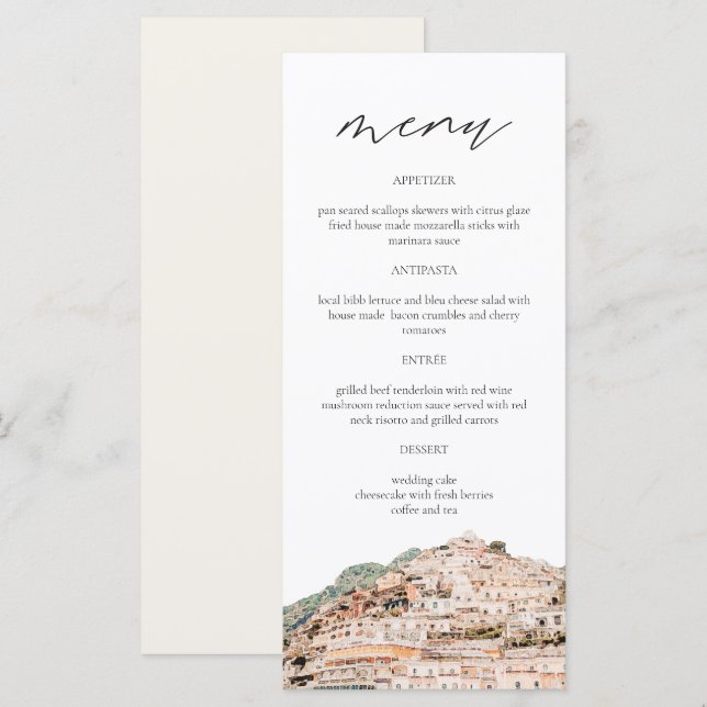 AMALFI COAST Watercolor Wedding Menu Cards (Front/Back)