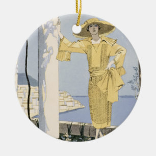 Amalfi, illustration of a woman in a yellow dress ceramic ornament