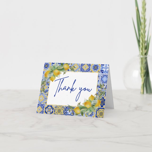 Amalfi Italian Blue Tile Citrus Lemon Script Thank You Card (Front)
