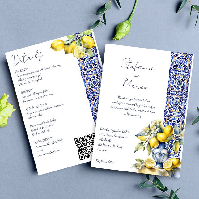 Amalfi Italian blue tile lemons all in one wedding Invitation (Amalfi Italian blue tiles lemons all in one wedding Invitation editable template digital download )