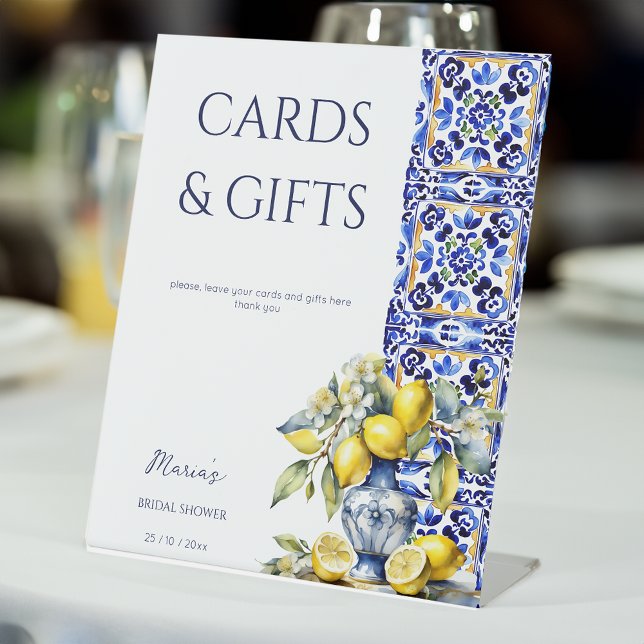 Amalfi Italian blue tiles lemons bridal gifts Pedestal Sign (Amalfi Italian Vietri blue tiles lemons in ceramic vase bridal shower gifts Pedestal table Sign)