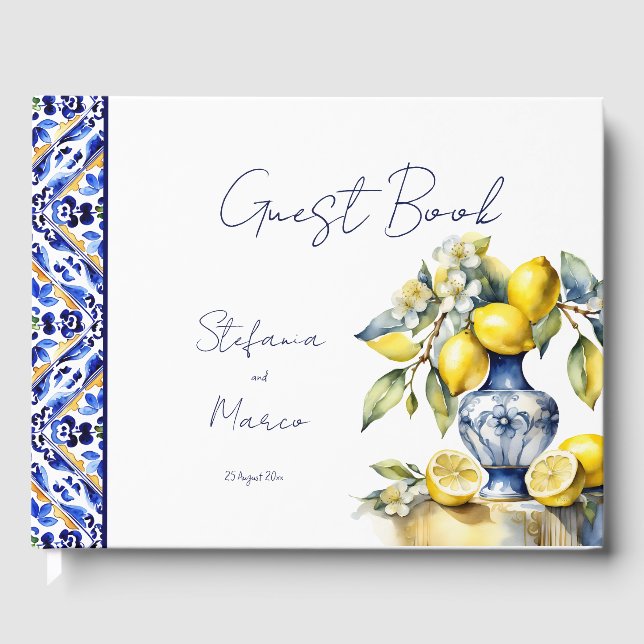 Amalfi Italian blue tiles lemons wedding Guest Book (Front)