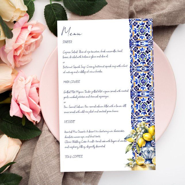 Amalfi italien carreaux bleu citron carte modèle (Amalfi Italian blue tiles lemons menu card template personalized wedding tableware elegant menu card)