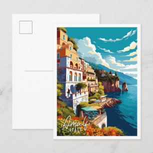 Amalfi Italy Art vintage travel illustration Postcard