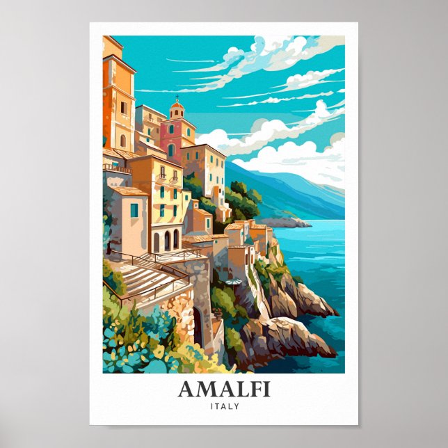 Amalfi Italy Art Vintage Travel Illustration Poster (Front)