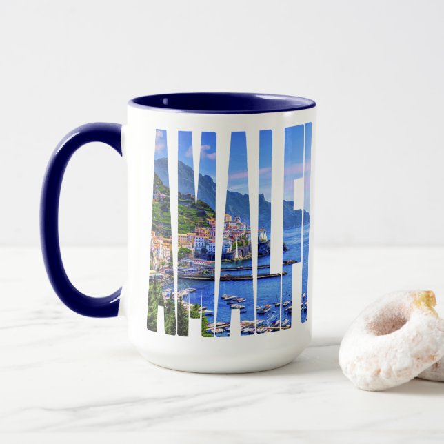 Amalfi Italy Europe Colourful Photo Typography Mug (With Donut)