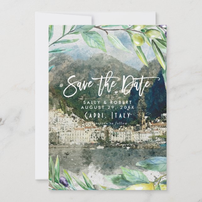 Amalfi italy olives wedding save the date card (Front)