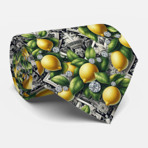 Amalfi Lemon Faux Silk   Luxury Art Deco Diamonds  Tie