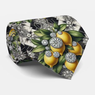 Amalfi Lemon Faux Silk   Luxury Art Deco Diamonds  Tie