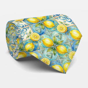 Amalfi Lemon Mediterranean Faux DIamonds Faux Silk Tie
