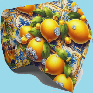 Amalfi Lemon Mediterranean Faux DIamonds Faux Silk Tie