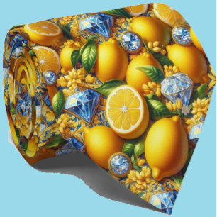 Amalfi Lemon Mediterranean Faux DIamonds Faux Silk Tie