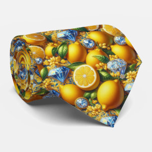 Amalfi Lemon Mediterranean Faux DIamonds Faux Silk Tie