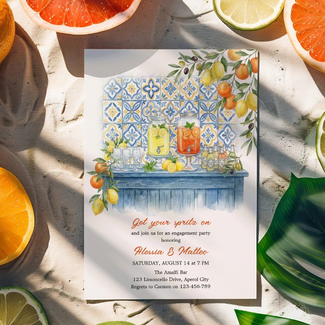 Amalfi Lemon Mediterranean Tile Engagement Party Invitation (Invitation with Mediterranean theme Limoncello & Aperol Spritz Bar - engagement, wedding shower etc)