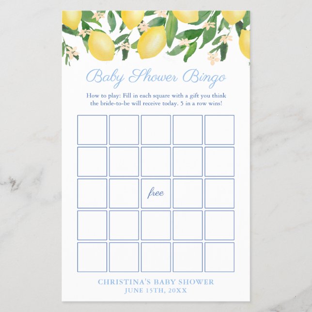 Amalfi Lemon Pale Blue Baby Shower Bingo Game Card (Front)