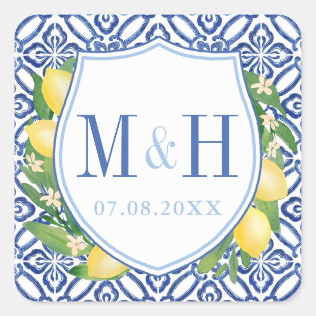 Amalfi Lemons Blue Tiles Wedding Logo Monogram Square Sticker (Front)