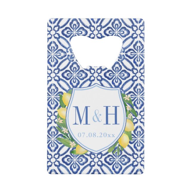 Amalfi Lemons Blue Tiles Wedding Monogram Favour Credit Card Bottle Opener (Front)