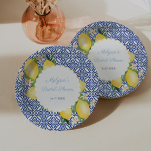 Amalfi Lemons Blue White Italy Tiles Bridal Shower Paper Plate