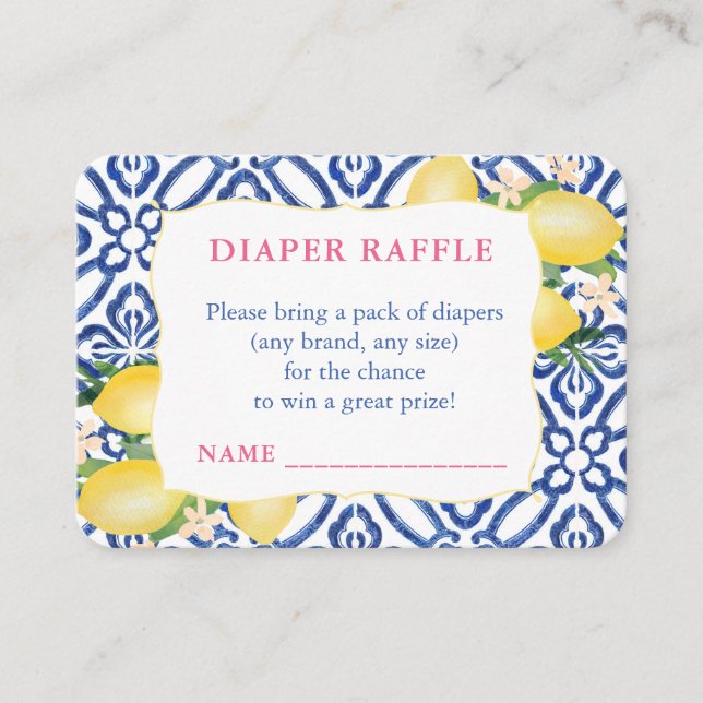 Amalfi Lemons Blue White Pattern Diaper Raffle Enclosure Card (Front)