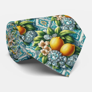 Amalfi Lemons Faux Silk   Art Deco DIamonds Tie
