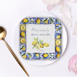 Amalfi Positano blue tiles lemons bridal shower Paper Plate<br><div class="desc">Amalfi Positano Vietri blue Majolica tiles lemons bridal shower tableware personalized plates,  Mediterranean themed blue white and yellow bridal shower plates.</div>