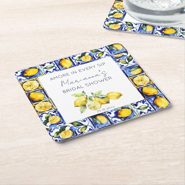 Amalfi Positano blue tiles lemons bridal shower Square Paper Coaster (Angled)