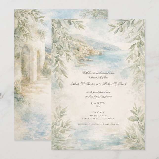 Amalfi Reverie — Mediterranean Coastal Wedding Invitation (Front/Back)