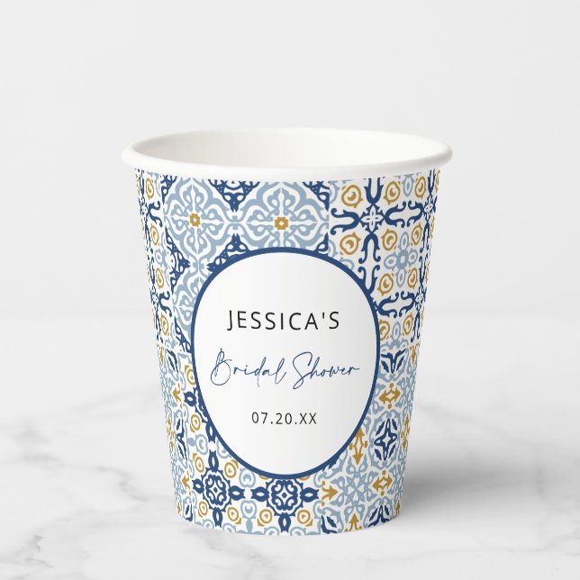 Amalfi Tile Blue Yellow Bridal Shower Paper Cups (Front)