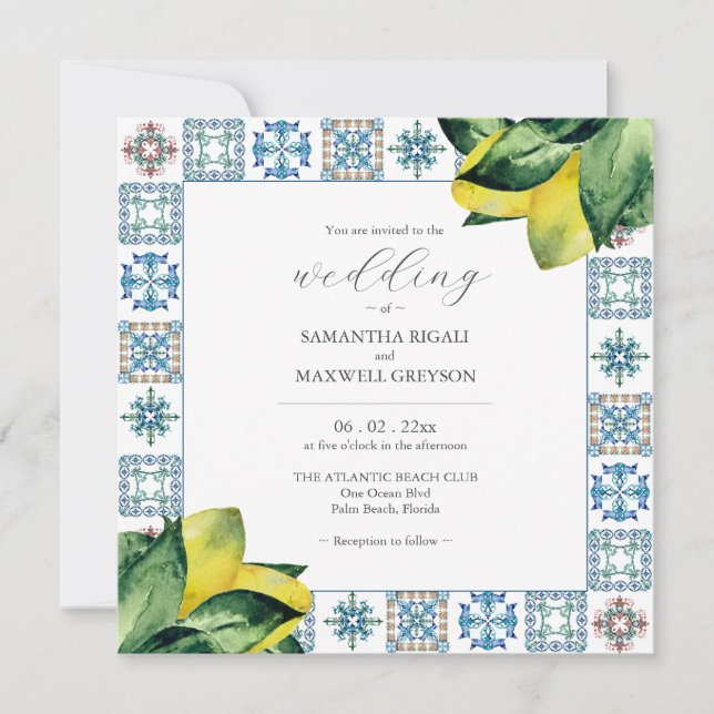 Amalfi Tile & Watercolor Lemon Wedding Invitations (Front)