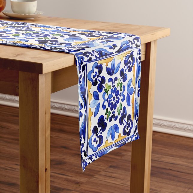 Amalfi Vietri Italian blue tiles Mediterranean Short Table Runner (In Situ)