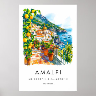 Amalfi Watercolor Vintage Travel Poster Ski