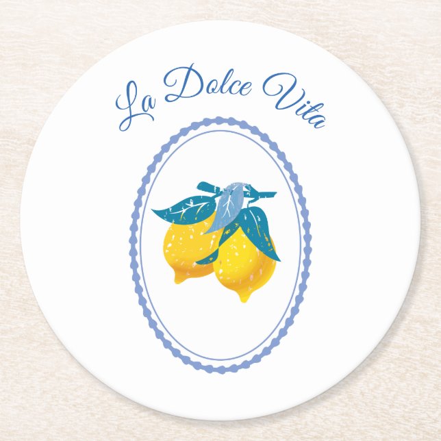 Amalfi Yellow Lemons Mediterranean Style Round Paper Coaster (Front)