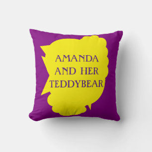 Amanda and her teddybear motif on purple yellow throw pillow