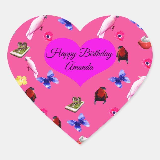 Amanda, Happy Birthday Logo With Butterflies, Heart Sticker (Front)