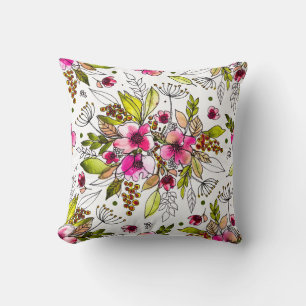 Amanda Pink and Green Sketched Watercolor Floral  Throw Pillow