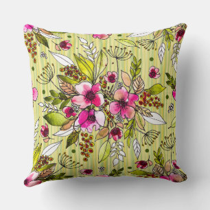 Amanda-Pink Floral on Yellow Green Stripes Throw Pillow