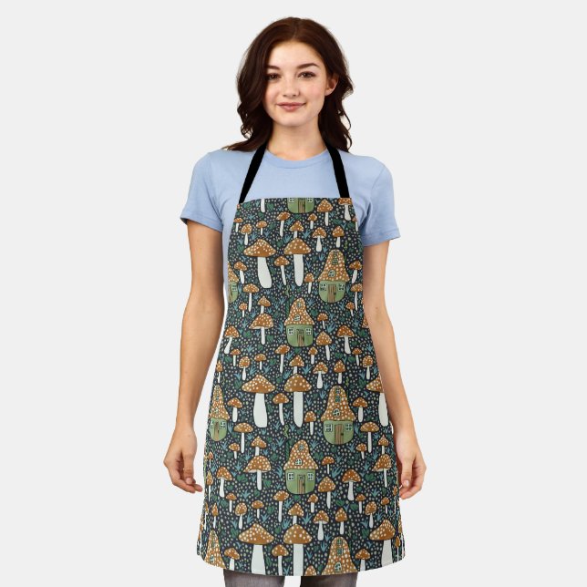 Amanita Magical Mushroom Village Cute Illustration Apron (Worn)