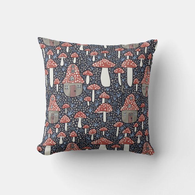 Amanita Magical Mushroom Village Cute Illustration Throw Pillow (Front)