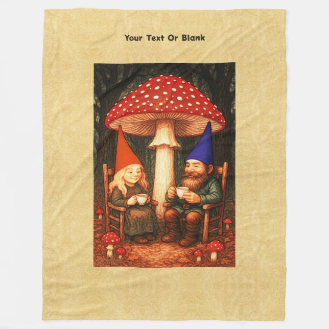 Amanita Mushroom and Gnomes Fleece Blanket (Front)